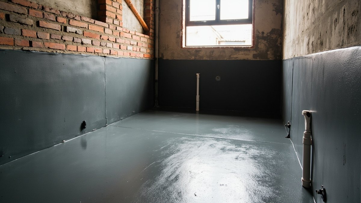 Fresh grey waterproofing membrane in a Malaysian bathroom before tiling