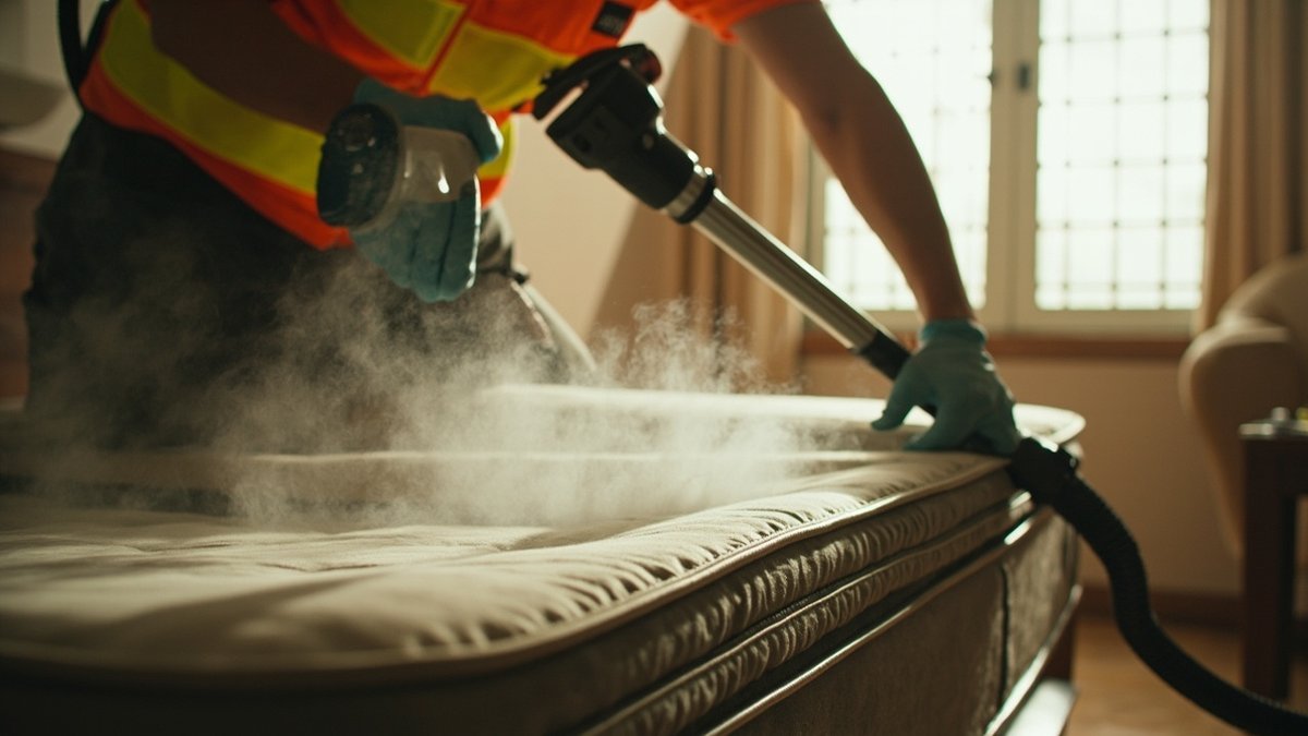 Pest technician steam-treating a mattress and bed frame for bed bugs