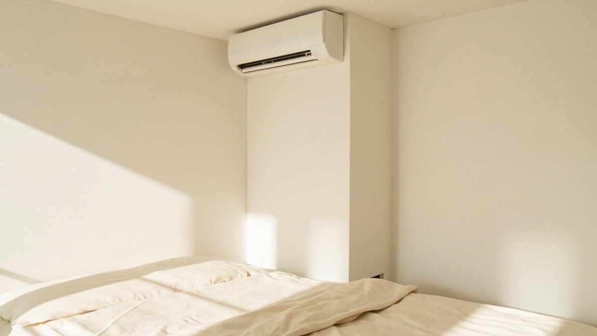 Ilustrasi konsep reka bentuk: aircond dinding putih di dinding sisi bilik tidur bersebelahan kotak plaster yang menyorok paip