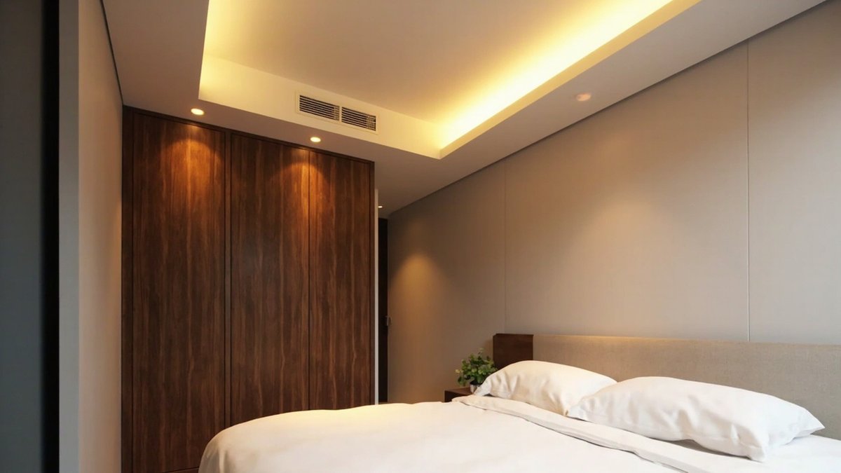 Ilustrasi konsep reka bentuk: downlight di atas almari walnut penuh tinggi dan tiada di atas katil di bawah dulang cove hangat