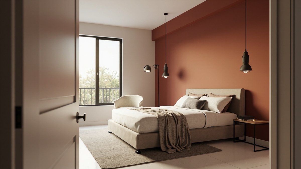 Illustrative concept design: contemporary bedroom with a deep terracotta wall, black dome pendants and a cream boucle armchair