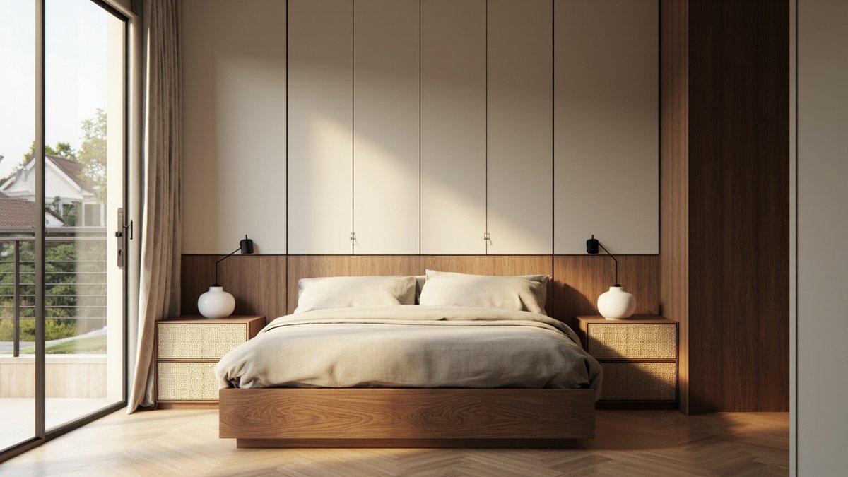 Illustrative concept design: master bedroom with a low walnut bed and headboard panel, rattan-front bedside drawers and white ceramic lamps