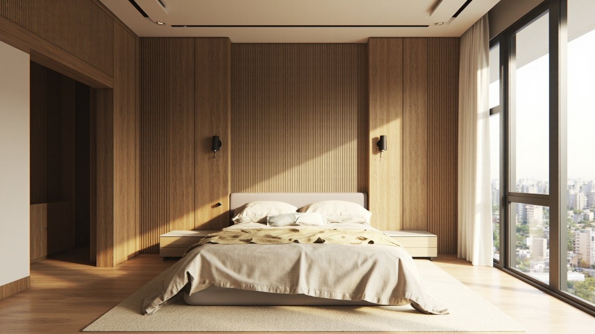 Illustrative concept design: Japandi master bedroom with a full-width light oak fluted headboard wall, black wall sconces and linen bedding