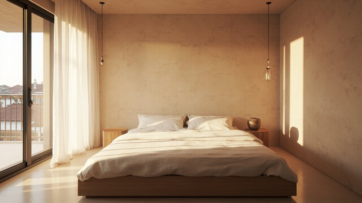 Illustrative concept design: minimalist bedroom with warm clay limewash walls, a low timber platform bed and two clear-bulb pendants