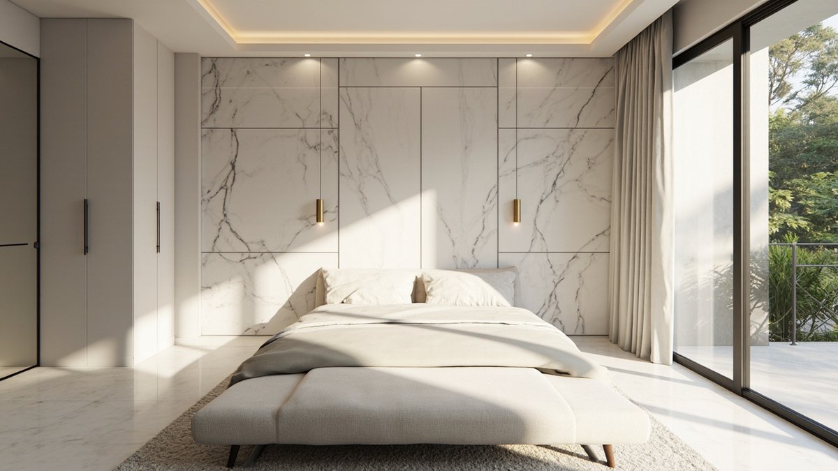 Illustrative concept design: master bedroom with a white marble-look headboard wall, slim brass pendants and a cream bench at the foot of the bed