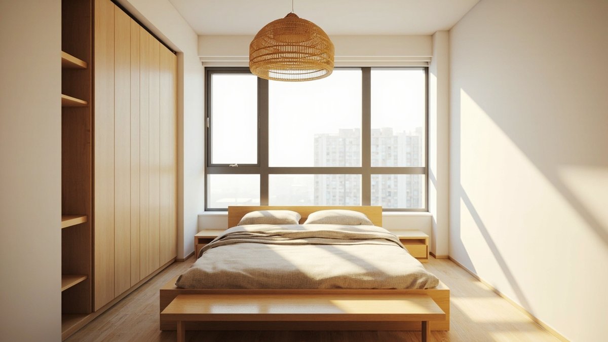 Illustrative concept design: Muji-style bedroom with warm white walls, a low light oak bed and bench and a woven rattan dome pendant