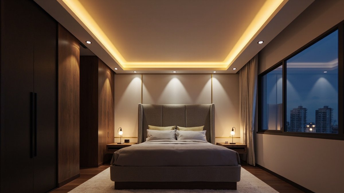 Illustrative concept design: master bedroom at night with a recessed ceiling and warm glowing cove over a grey wingback bed