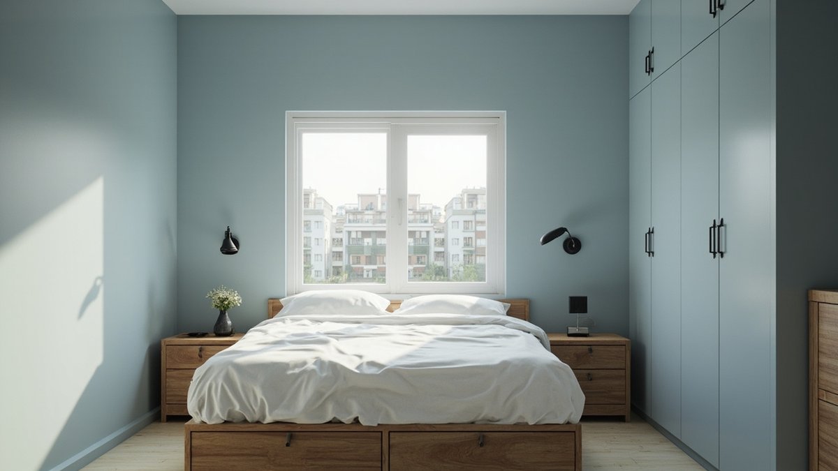 Illustrative concept design: bedroom refreshed with dusty blue walls, black swing-arm wall lights and white bedding on a timber bed