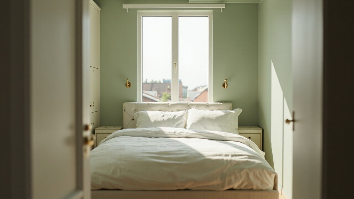 Illustrative concept design: bedroom with sage green walls, a cream tufted bed and brass swing-arm sconces seen through an open door