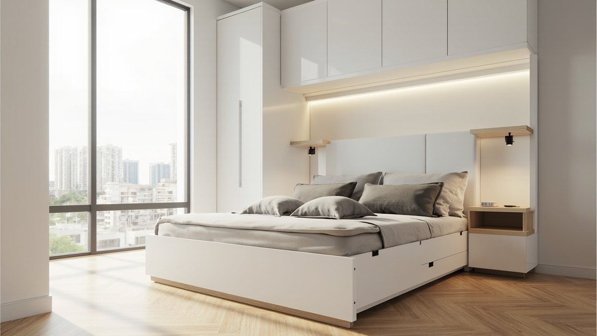 Illustrative concept design: small condo bedroom with a white storage bed, oak floating bedside shelves and white overhead cabinets