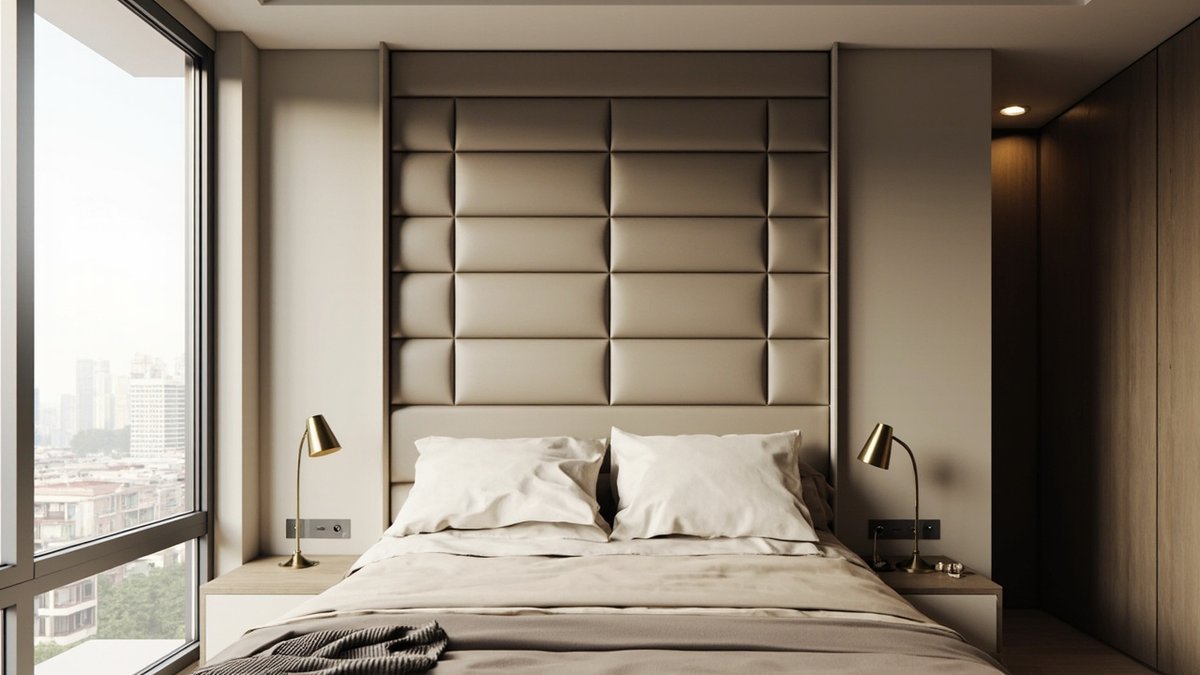 Illustrative concept design: master bedroom with a tall grid of padded taupe headboard panels and brass lamps on oak bedside tables
