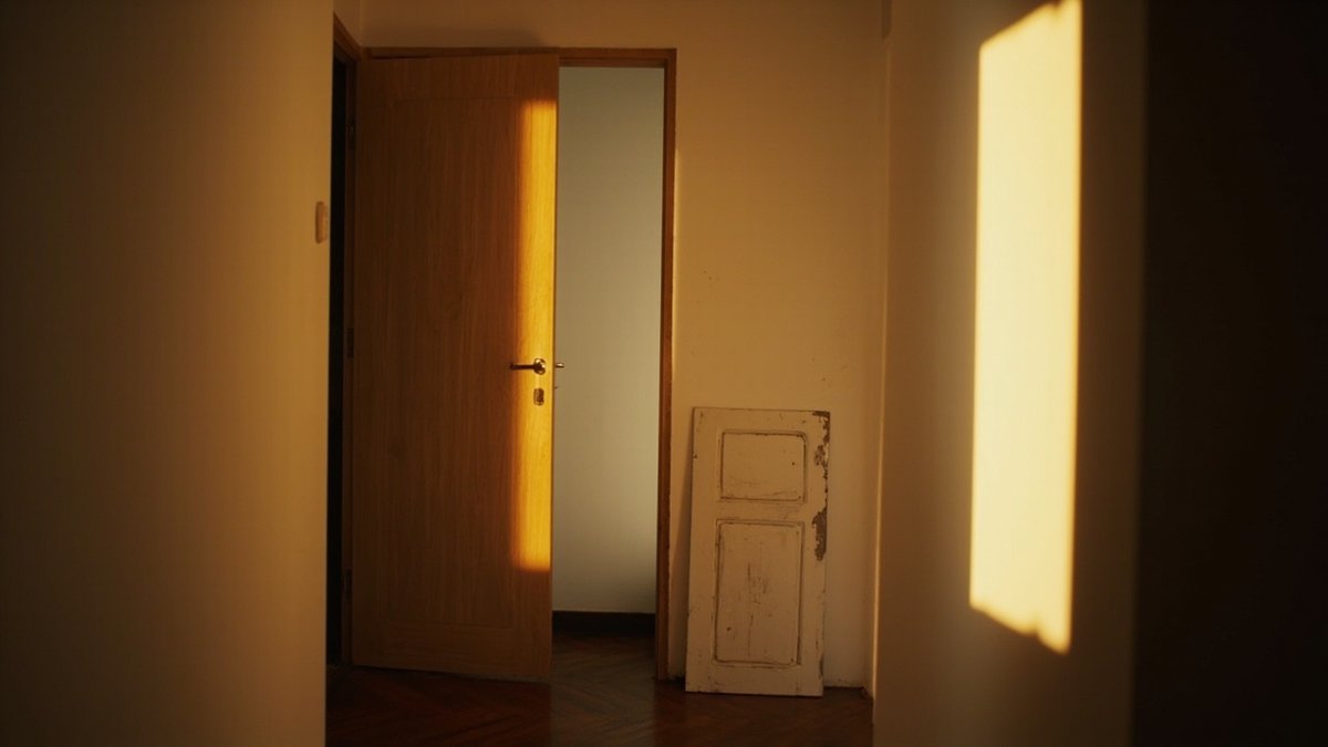 A new laminated bedroom door hung in its frame beside the old dented hollow-core door it replaced