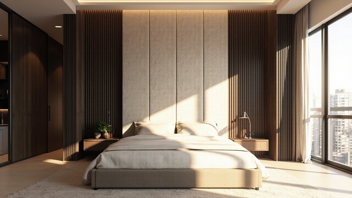 Illustrative concept design: tall oatmeal boucle panels between dark walnut fluted strips behind an upholstered bed in a condo bedroom