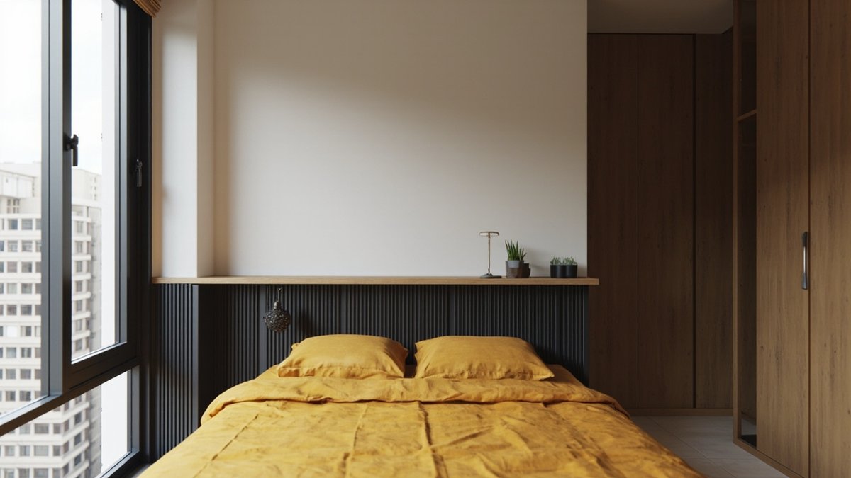Illustrative concept design: charcoal half-height fluted panelling with a slim oak ledge above mustard bedding in a condo bedroom