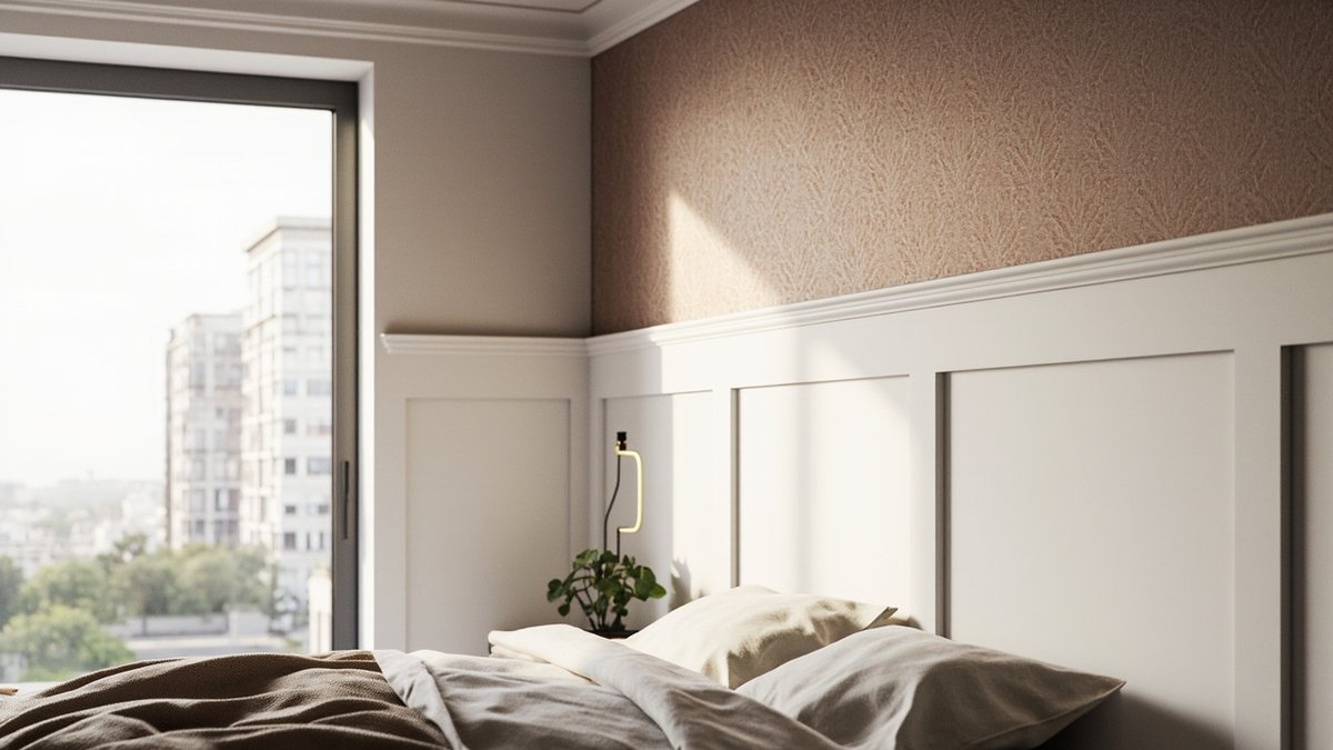 Illustrative concept design: white wainscot panels with cocoa brown textured wallpaper above the rail behind a low bed in a bedroom