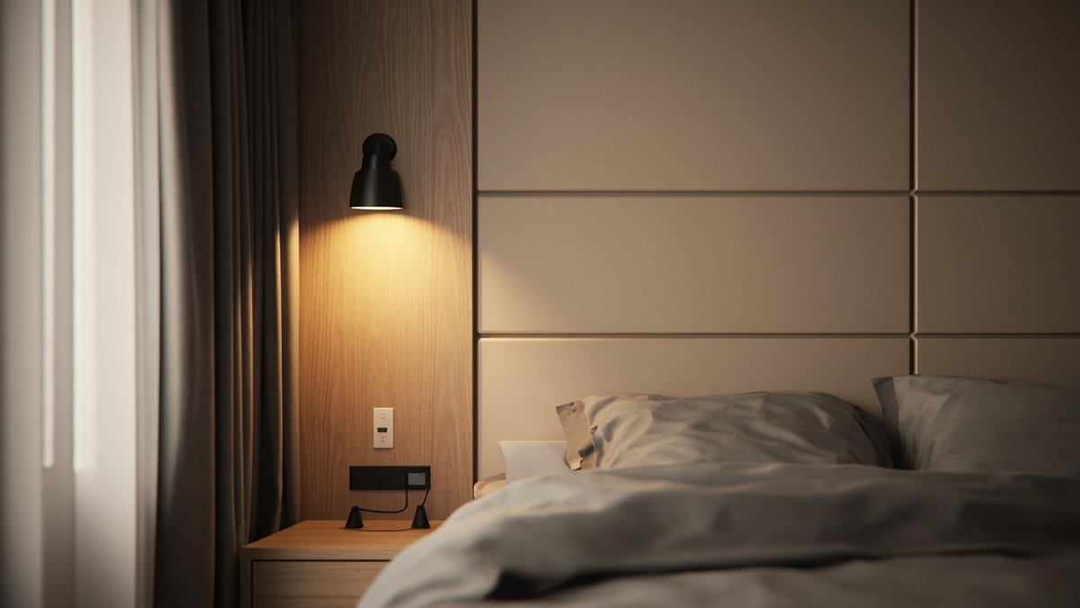Illustrative concept design: greige grooved headboard panels with an oak side panel holding a black reading light, switch and socket above a bedside