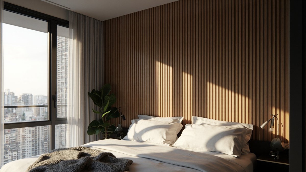 Illustrative concept design: honey timber slat headboard wall with dark gaps behind white bedding and a grey knit throw in a condo bedroom