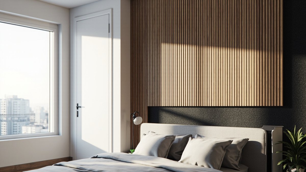 Illustrative concept design: light oak acoustic slats on black felt above a cream upholstered headboard with grey bedding in a bedroom