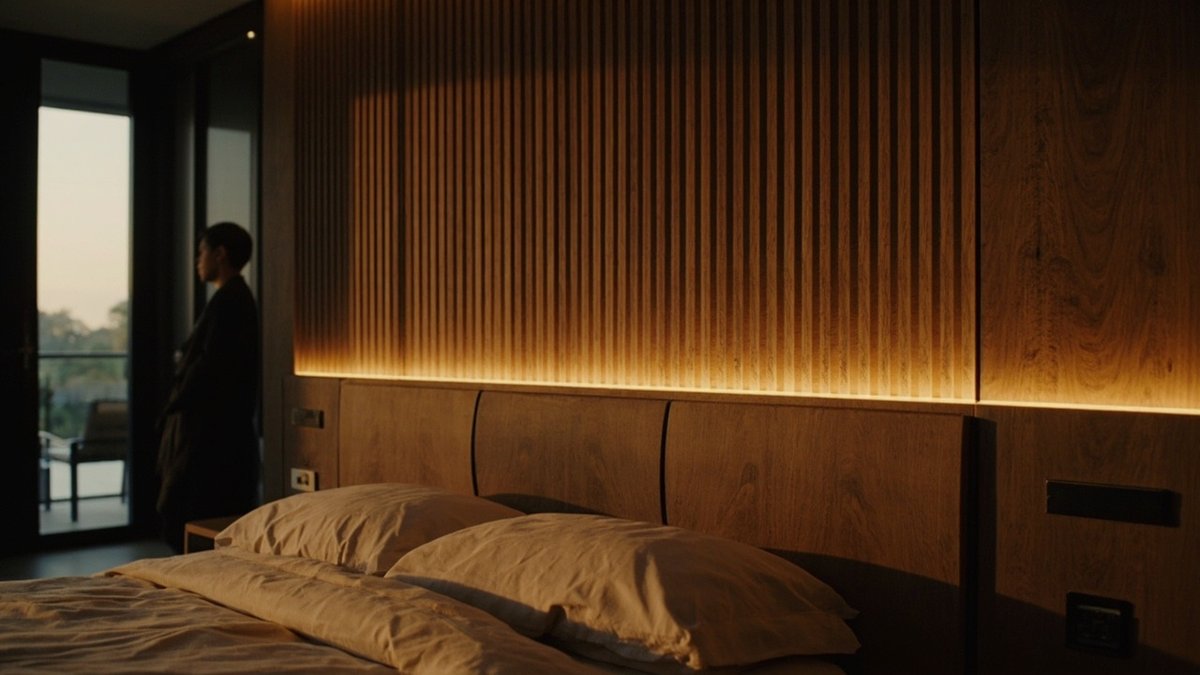Oak fluted panel headboard wall with integrated LED lighting in a bedroom