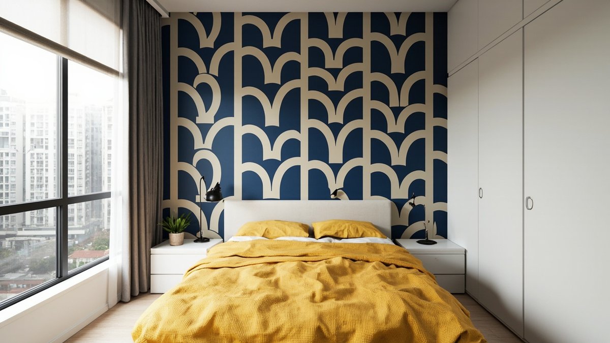 Illustrative concept design: navy and cream arch-pattern wallpaper on the bed wall behind mustard bedding in a condo bedroom
