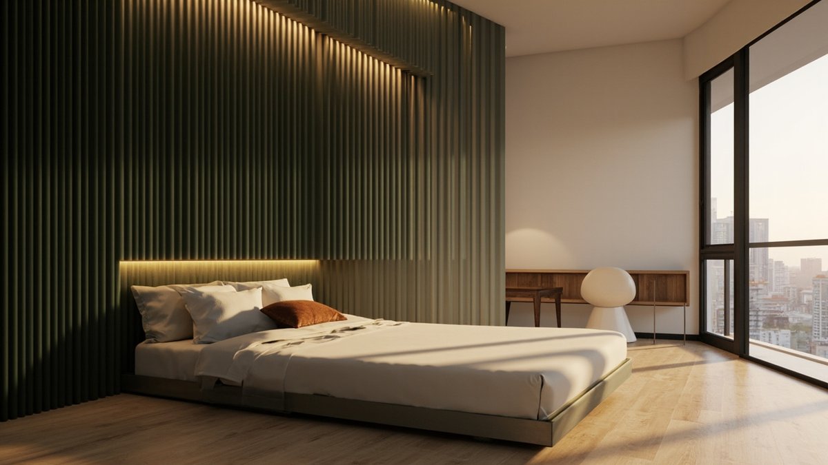 Illustrative concept design: deep olive painted fluted headboard wall with warm light lines behind a low platform bed in a condo master bedroom