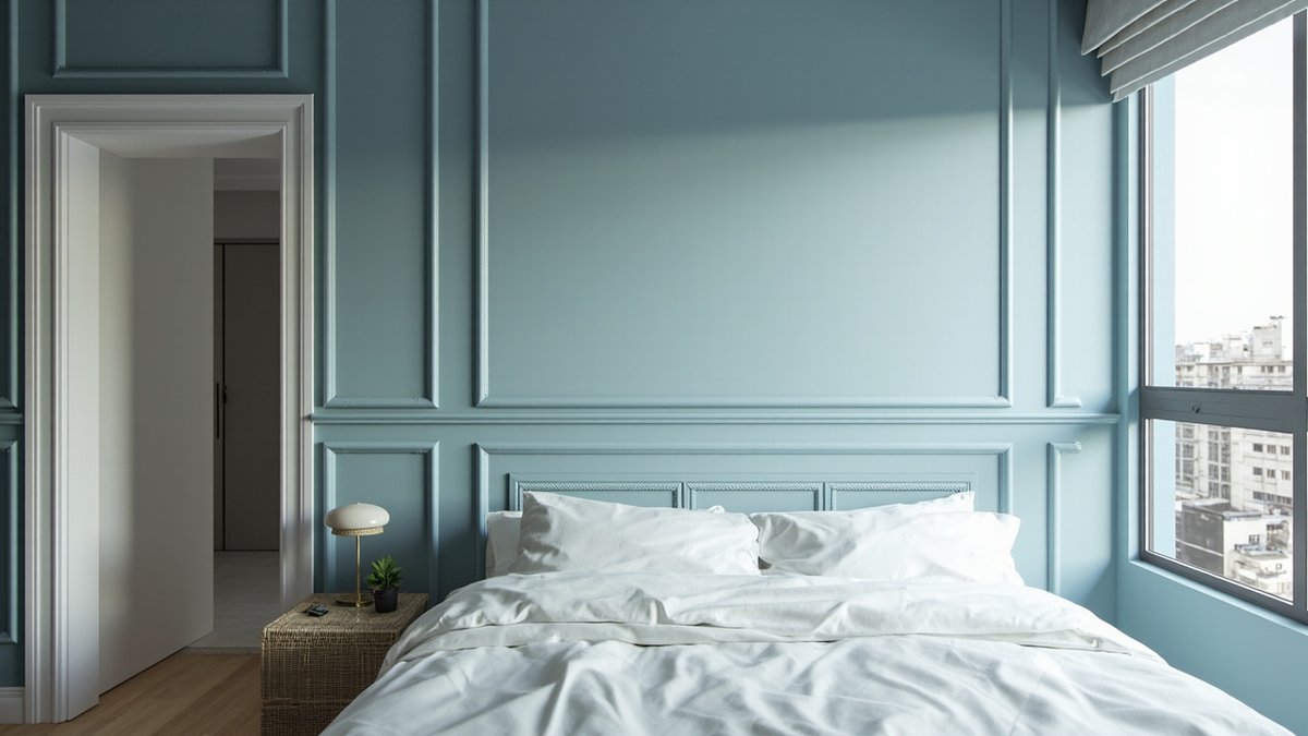 Illustrative concept design: powder blue wainscoting with a dado rail behind white bedding and a woven cane bedside table in a master bedroom