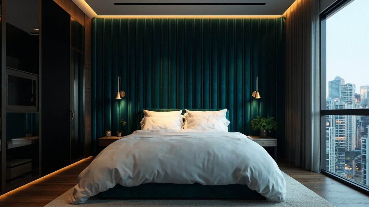 Illustrative concept design: deep teal velvet channel panels floor to ceiling behind a bed with white bedding and brass wall lights in a master bedroom
