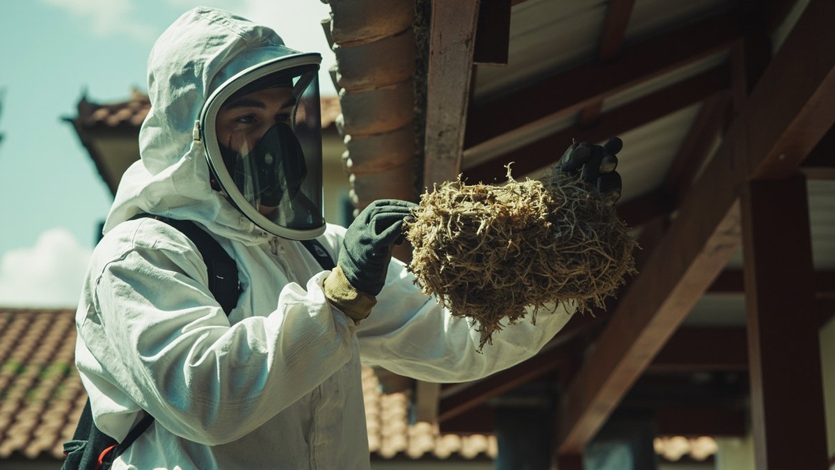 Technician in a protective bee suit removing a wasp nest from house eaves