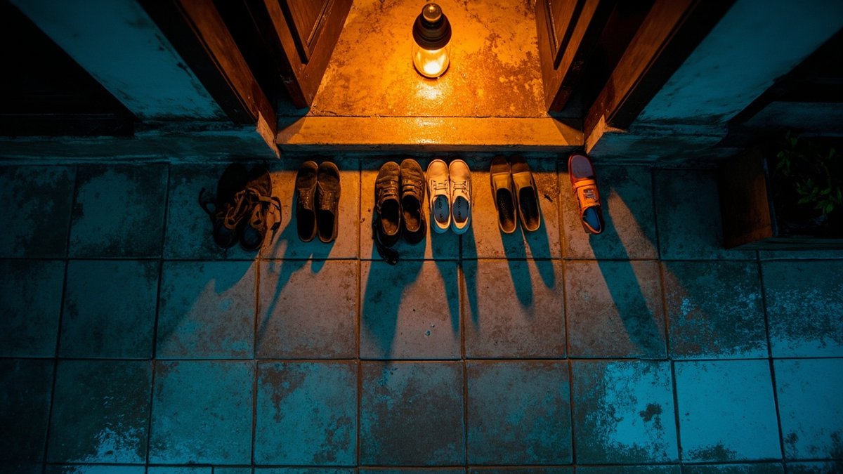 Freshly washed porch at dusk with shoes lined up by the open door, ready for festive guests