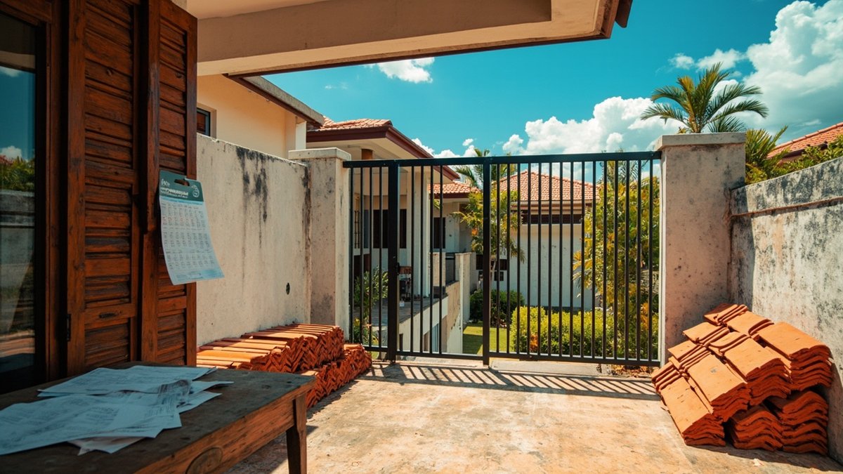 Pelan renovasi dan kalendar di atas meja porch di hadapan rumah landed pada hari kering