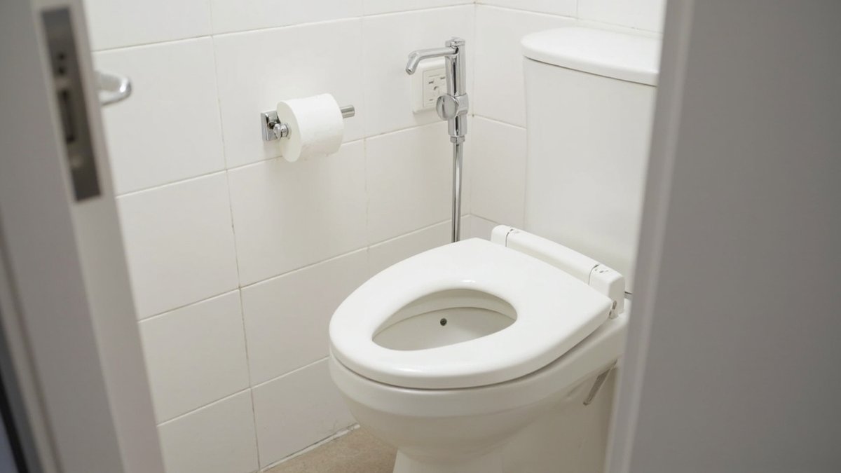 A toilet with an electric smart seat, a bidet spray on the wall and a socket set away from the water