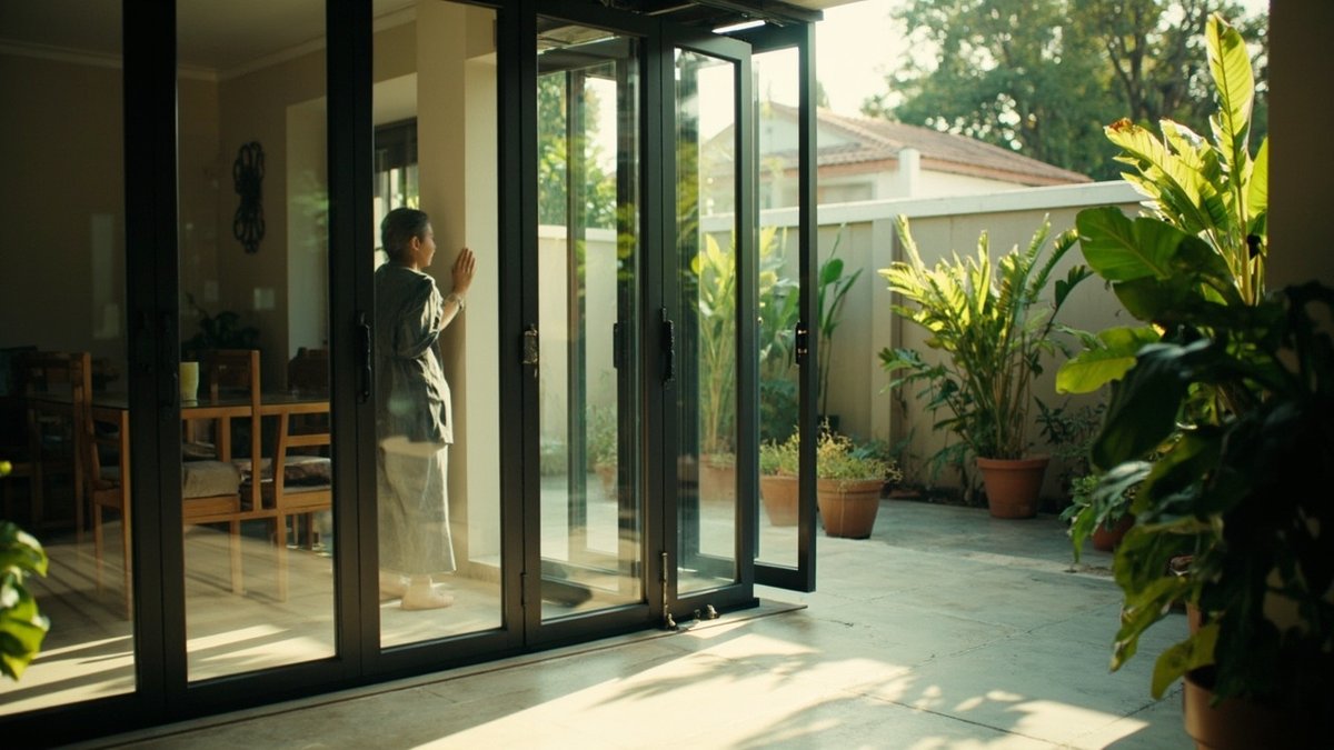 Aluminium bi-fold glass doors half open onto a covered terrace house patio