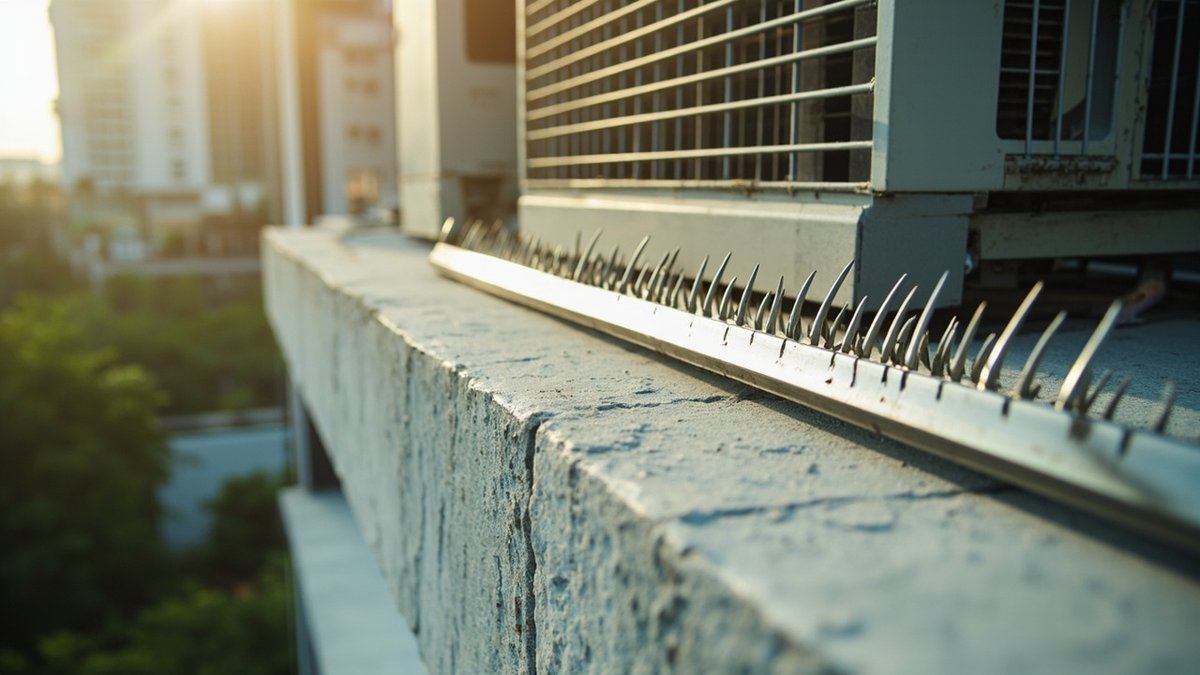 Anti-pigeon bird spikes installed along a condo ledge