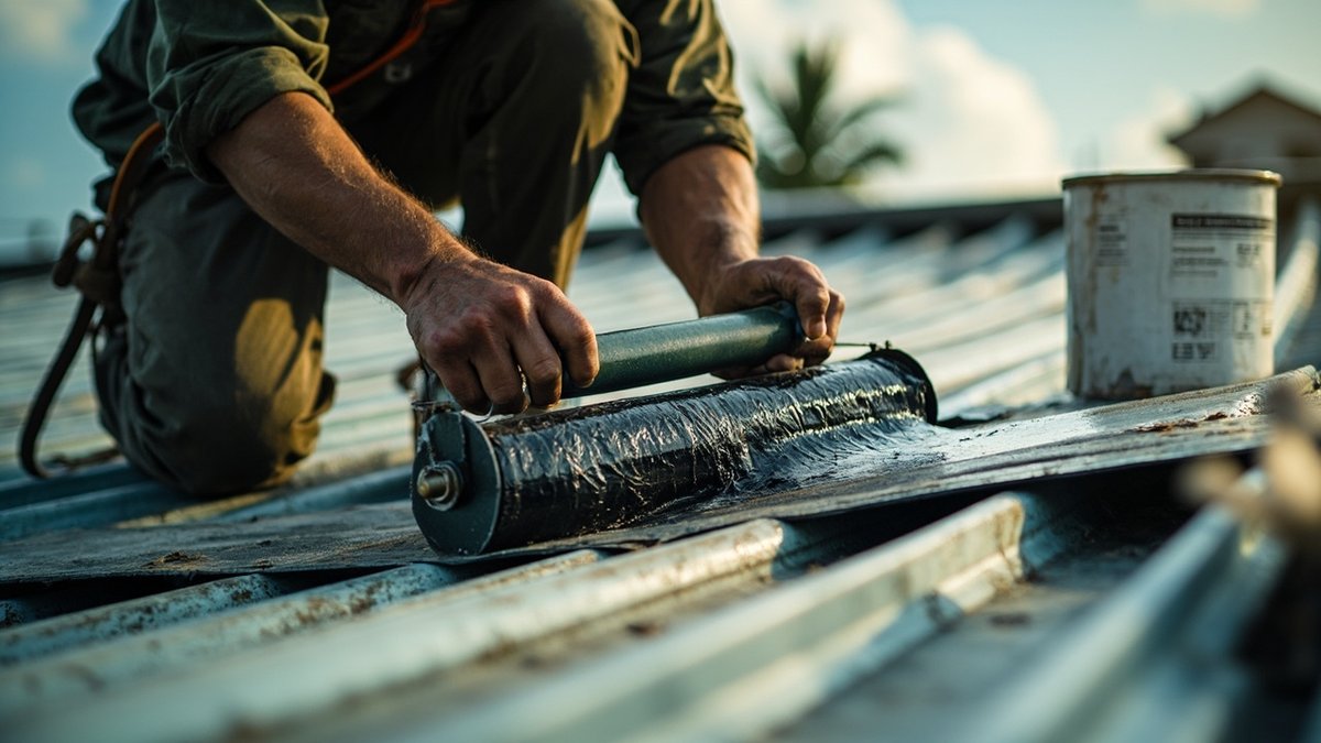 Bituminous flashing tape being rolled down along a metal roof lap