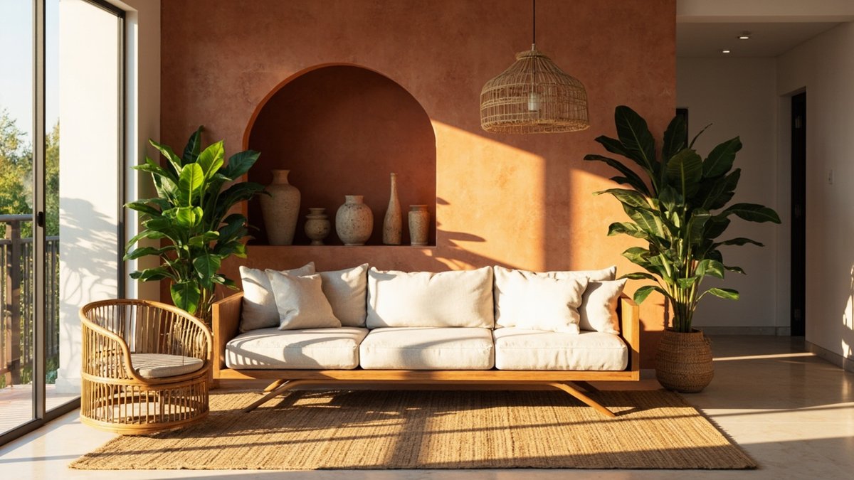 Boho chic condo living room with a terracotta limewash wall, rattan chair, jute rug and plants