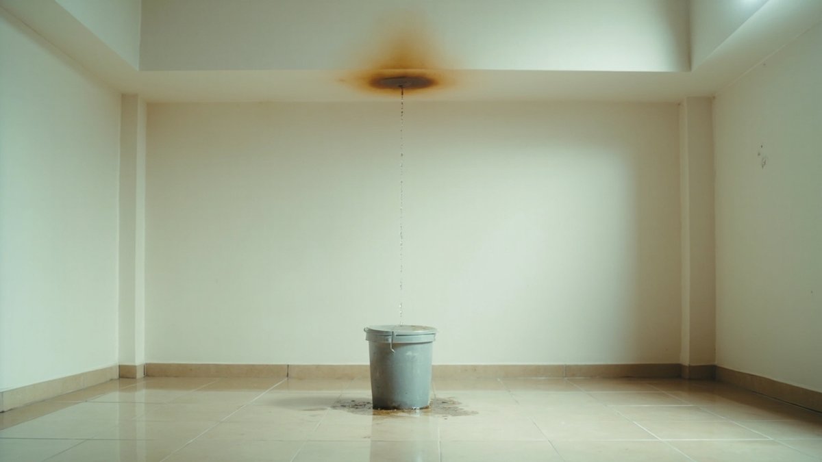 Water dripping from a stained ceiling into a bucket shows a hidden defect found after buying a house.