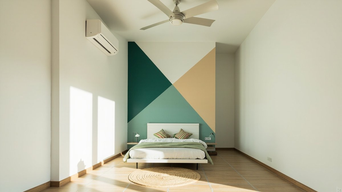 Illustrative concept design: painted triangle mural in green, teal and sand behind a low bed