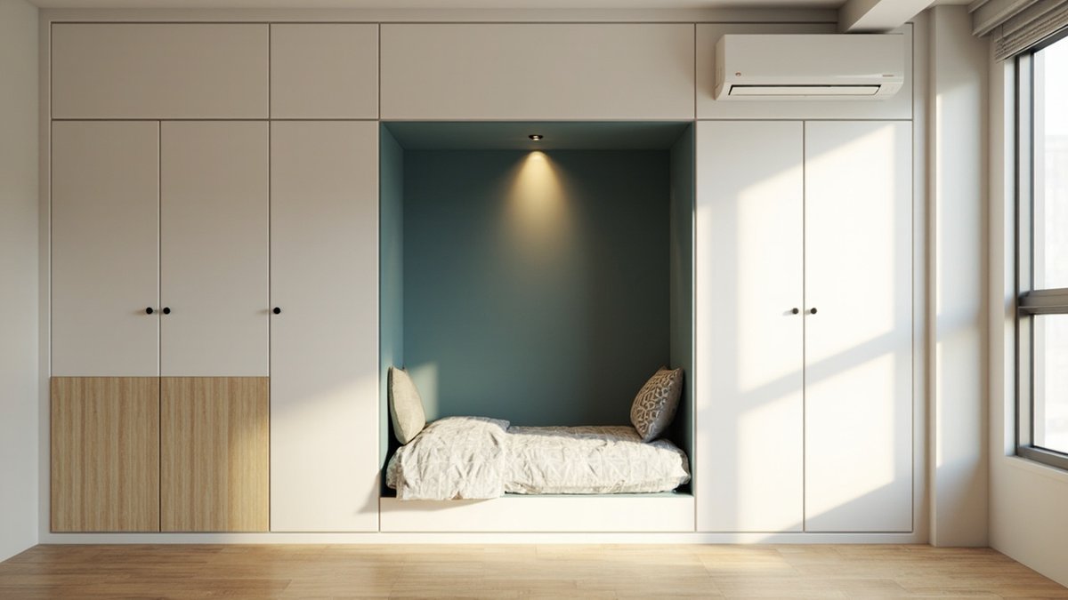 Illustrative concept design: single bed in a teal alcove between built-in cabinets
