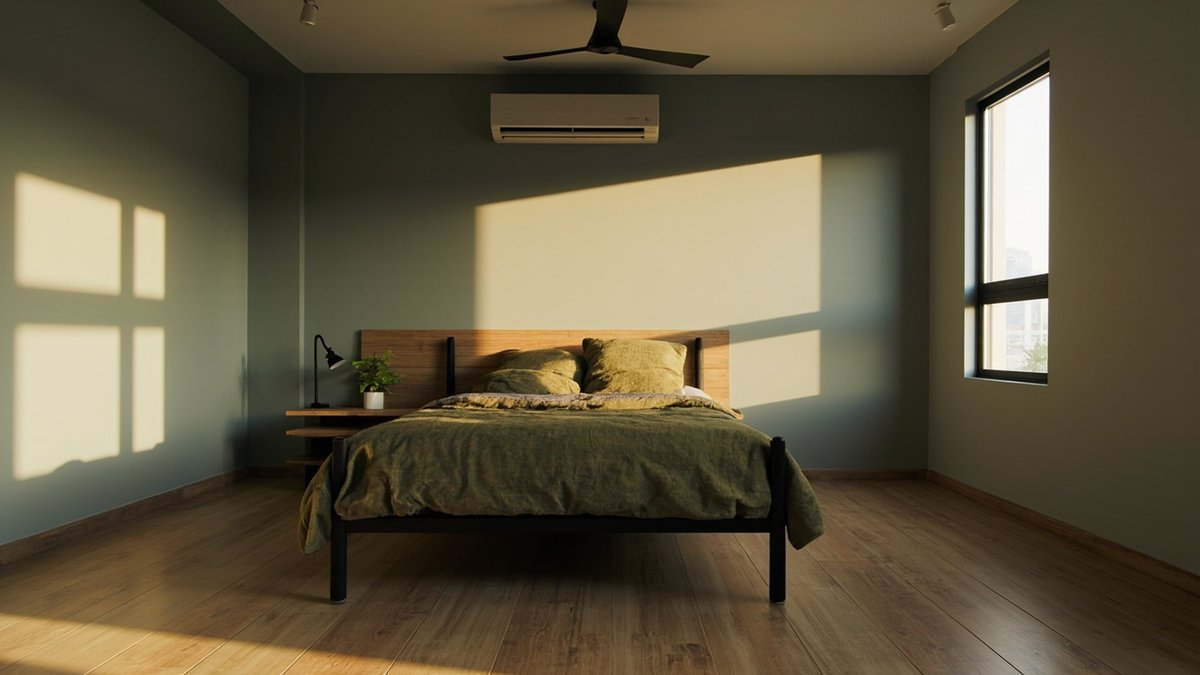Illustrative concept design: black metal bed with a timber headboard and olive bedding