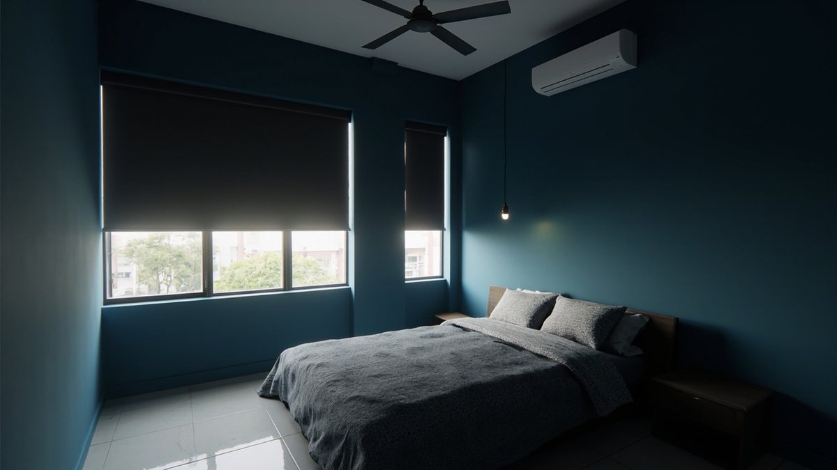 Illustrative concept design: slate blue bedroom with charcoal blackout roller blinds and a ceiling fan