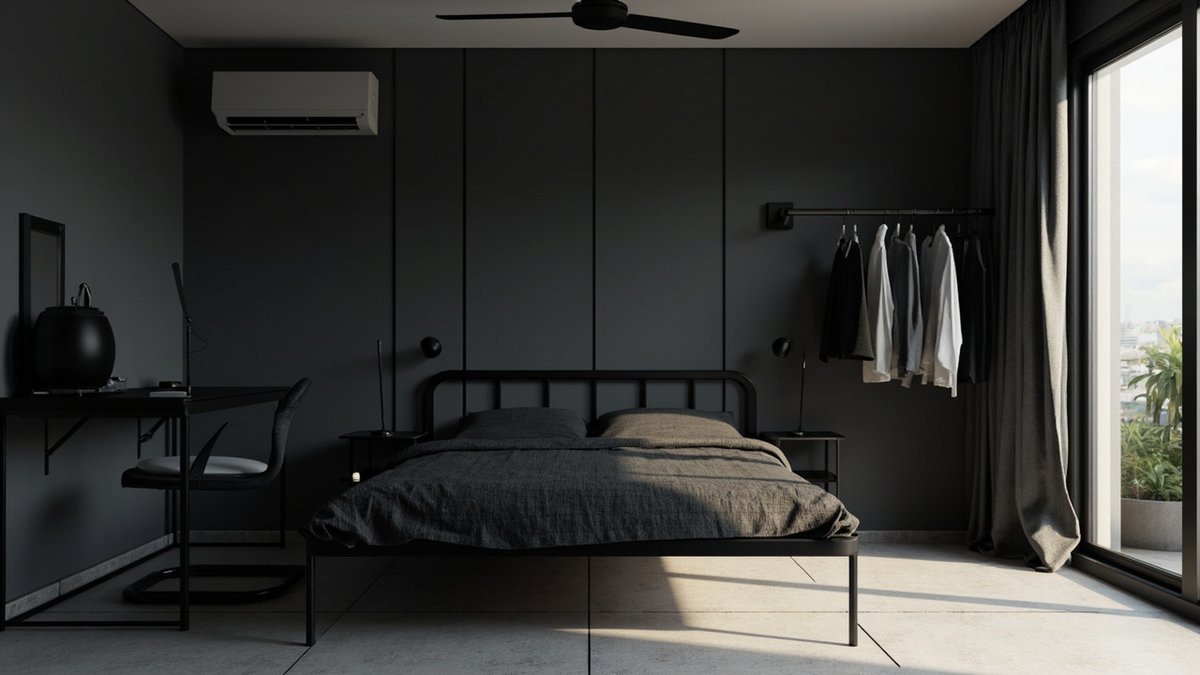 Illustrative concept design: charcoal bachelor room with a metal bed, clothes rail and small desk