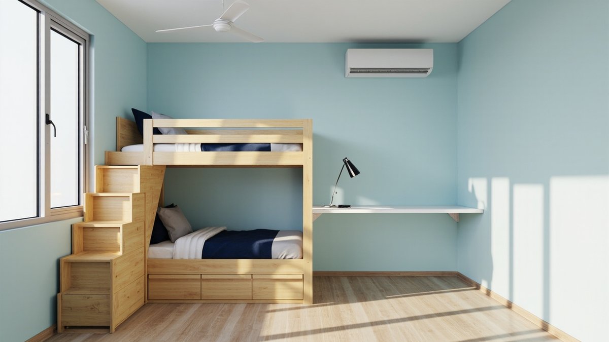 Illustrative concept design: oak bunk bed with drawer stairs and a floating desk