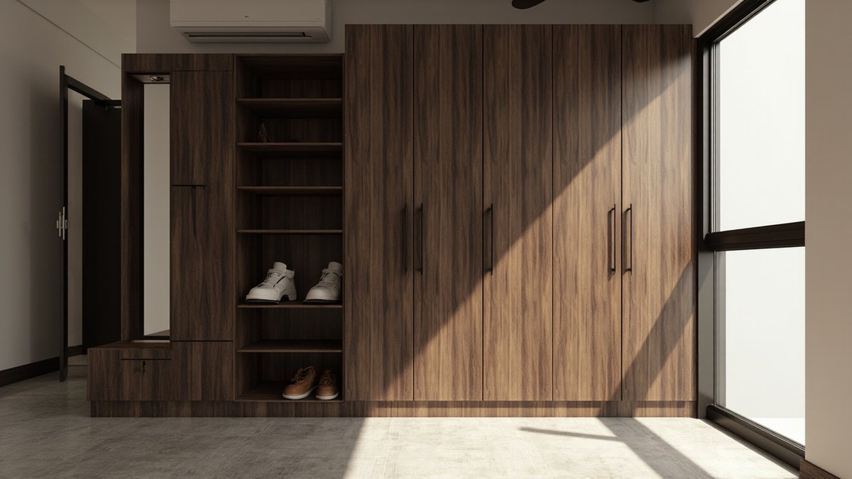 Illustrative concept design: dark walnut-look wardrobe with an open shoe column