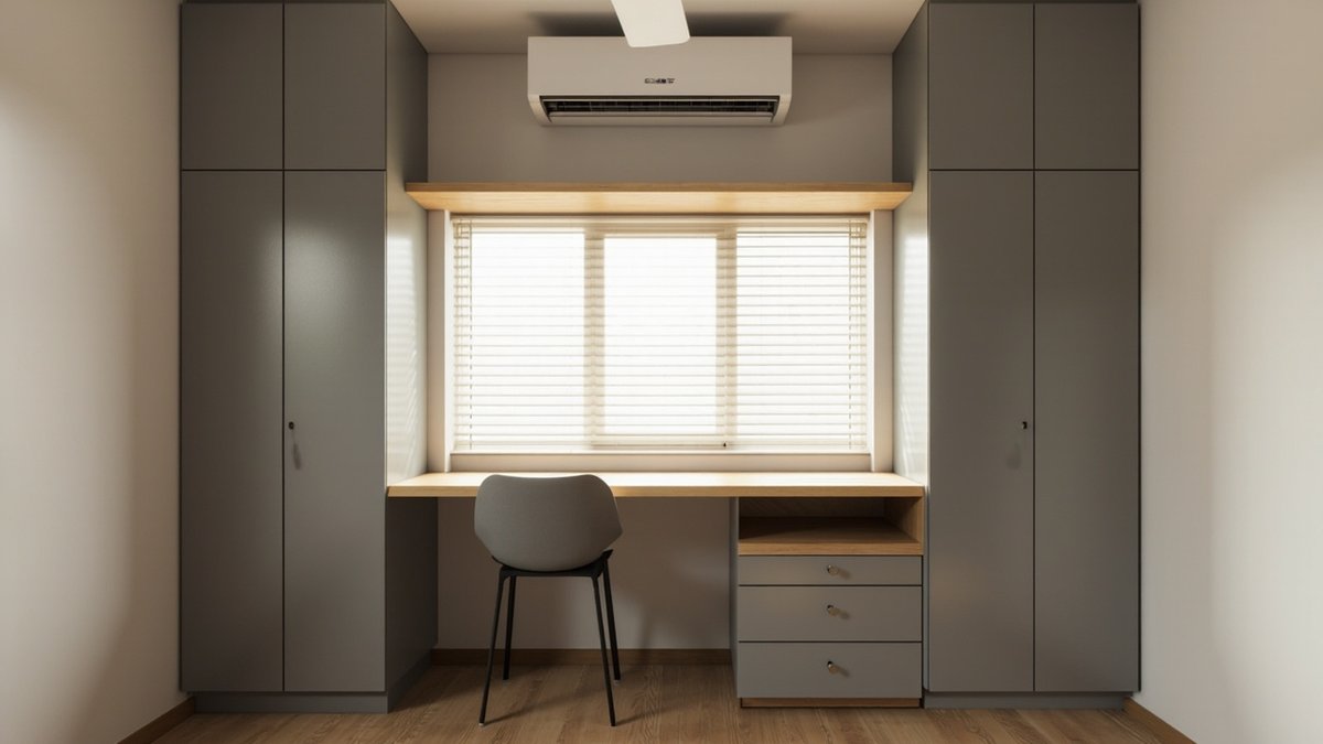 Illustrative concept design: oak desk between two tall grey wardrobes under a window