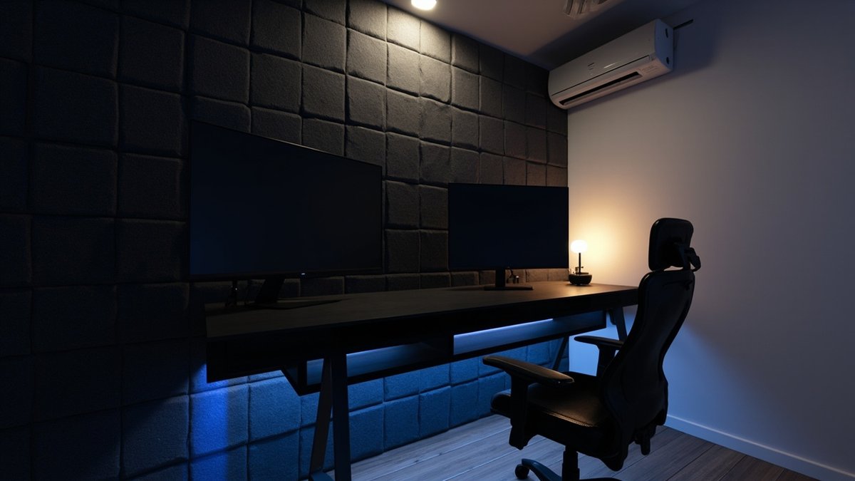Illustrative concept design: black gaming desk with two monitors in front of grey felt acoustic panels