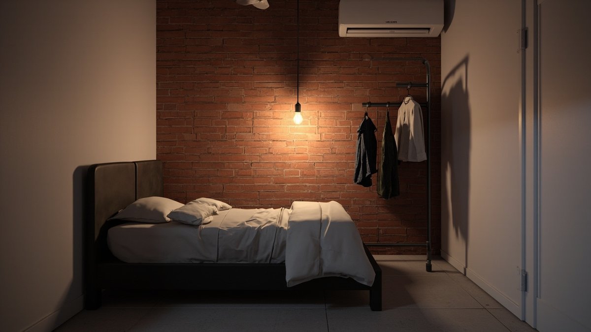 Illustrative concept design: red-brown brick wall, dark bed and black pipe clothes rail