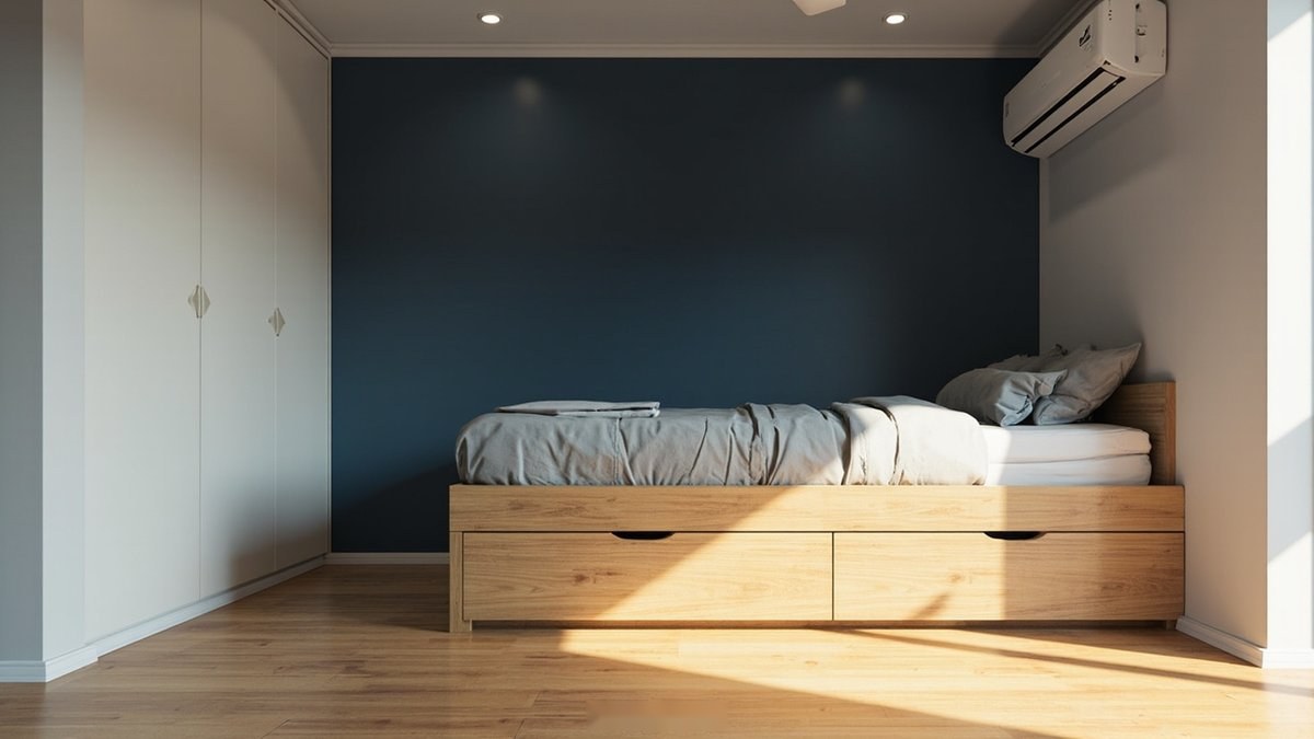 Illustrative concept design: oak platform bed with drawers against a navy wall