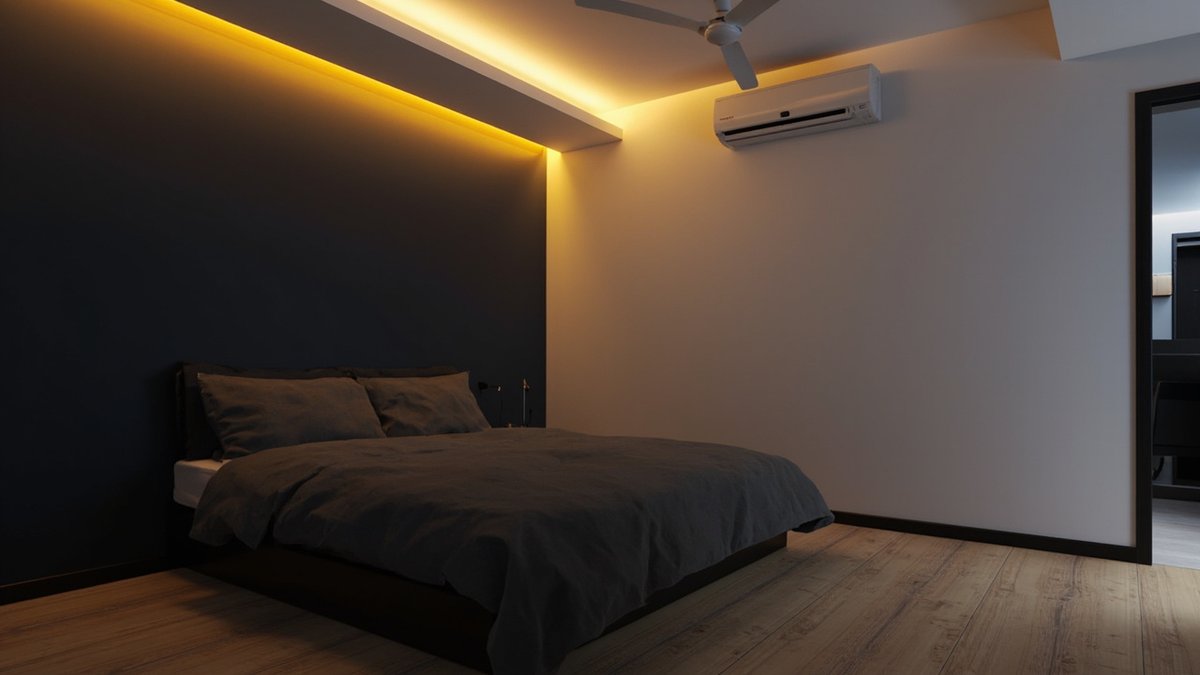 Illustrative concept design: deep navy bed wall with a warm LED ceiling cove