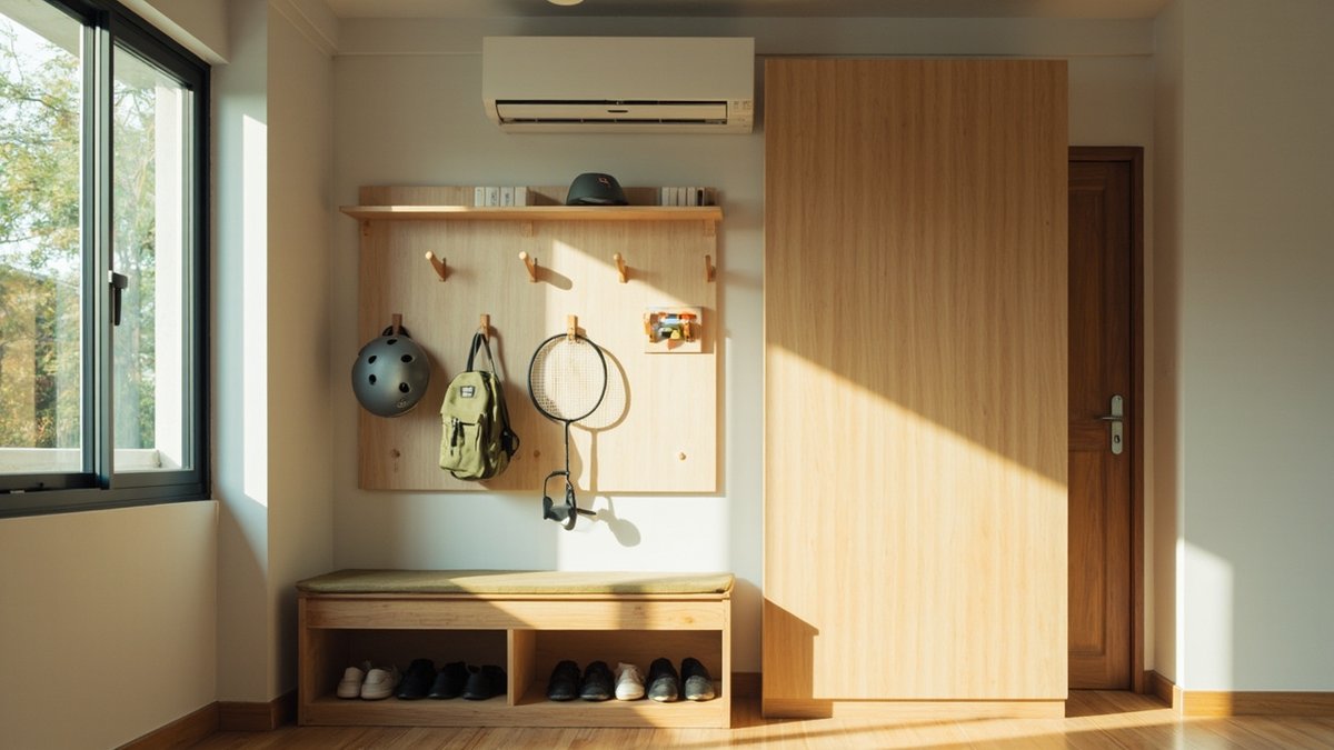 Illustrative concept design: birch pegboard with helmet, backpack and racket above a shoe bench