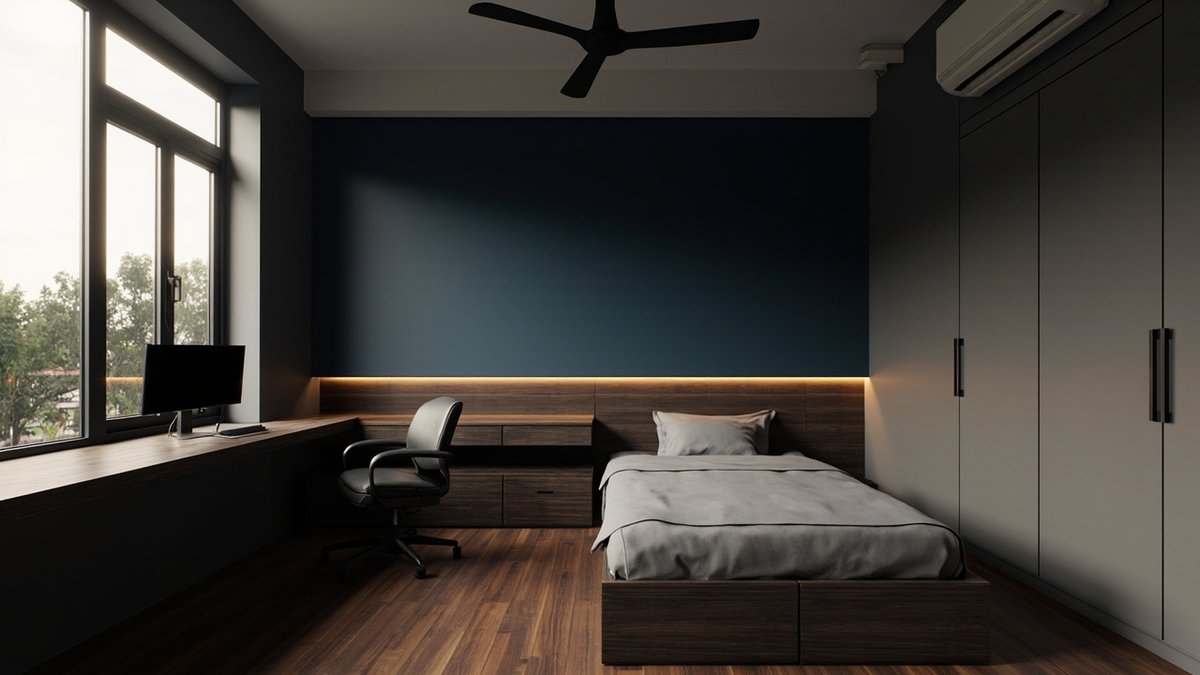 Illustrative concept design: teen boy's bedroom with a navy wall, a dark timber platform bed with an LED ledge and a long desk at the window